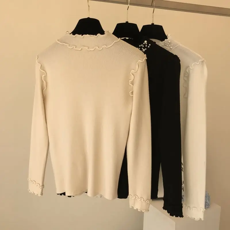 Вязаный свитер Женская осенне-зимняя одежда новая жемчужная бусина Лотос воротник-стойка с длинным рукавом свитер джемпер Трикотаж Pull Femme