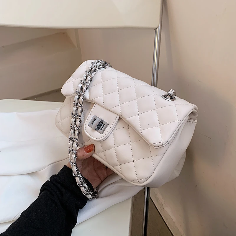 

Small Lingge Chain PU Leather Flap Crossbody Bag 2021 Shoulder Handbags Fashion Brand Luxury Trendy Purses White Black