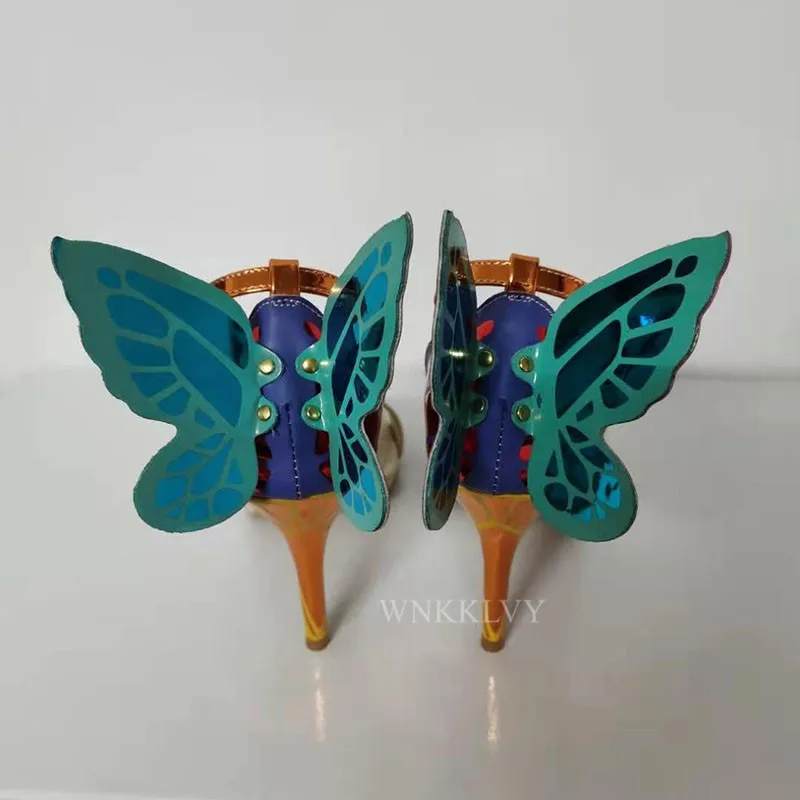 

Symphony Wings Color Printing High Heel Sandals Women Open Toe Narrow Band Ankle Strap Gladiator Sandalias Sexy Wedding Shoes