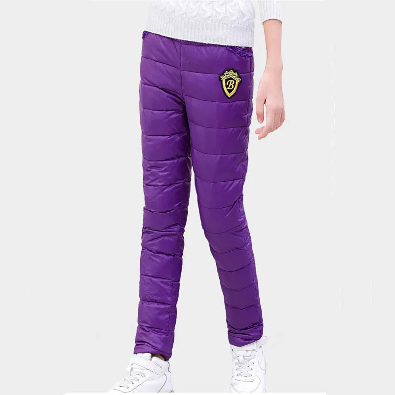 Purple 923a Высококачественные зимние штаны для мальчиков; однотонные Детские Пуховые брюки; повседневные теплые брюки для девочек-подростков; ветрозащитные леггинсы для детей 3-16 лет - Цвет: Purple 923a