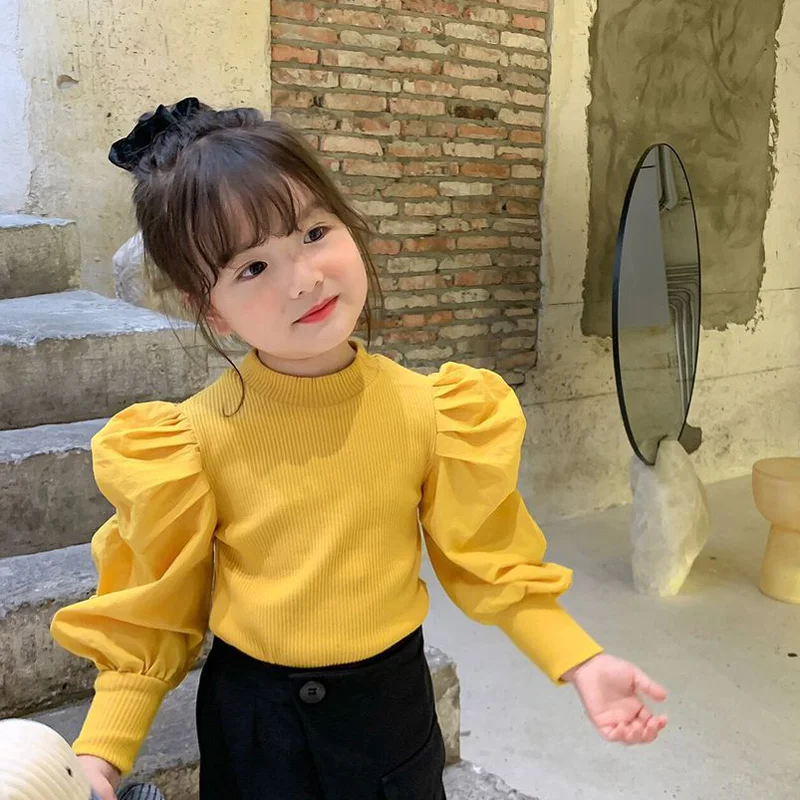 

OHMETOY Spring Autumn Girls Sweater Baby Knitwear Kids Knitted Tops Fashion Clothes Streetwear Puff Sleeve Patch 1 To 8 Yrs