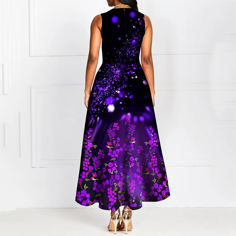 Женское винтажное платье макси с цветочным принтом без рукавов круглым вырезом