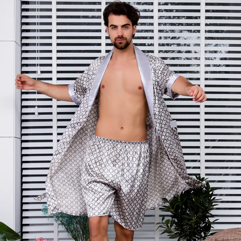 5XL Two-Piece Mens Robe Satin Silk Bathrobe For Man Soft Cozy Sexy Kimono Sleepwear Pajama Male Bathrobe Home Service Nightgow