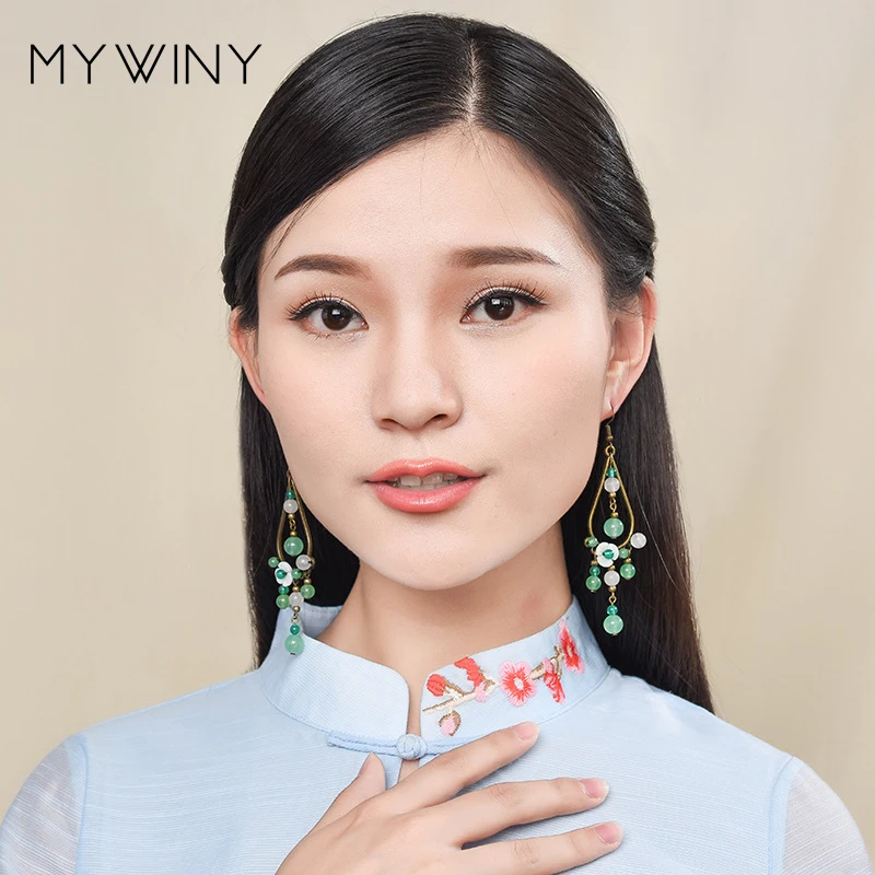 Винтажные этнические зеленые серьги MYWINY в эстетике оригинального дизайна из