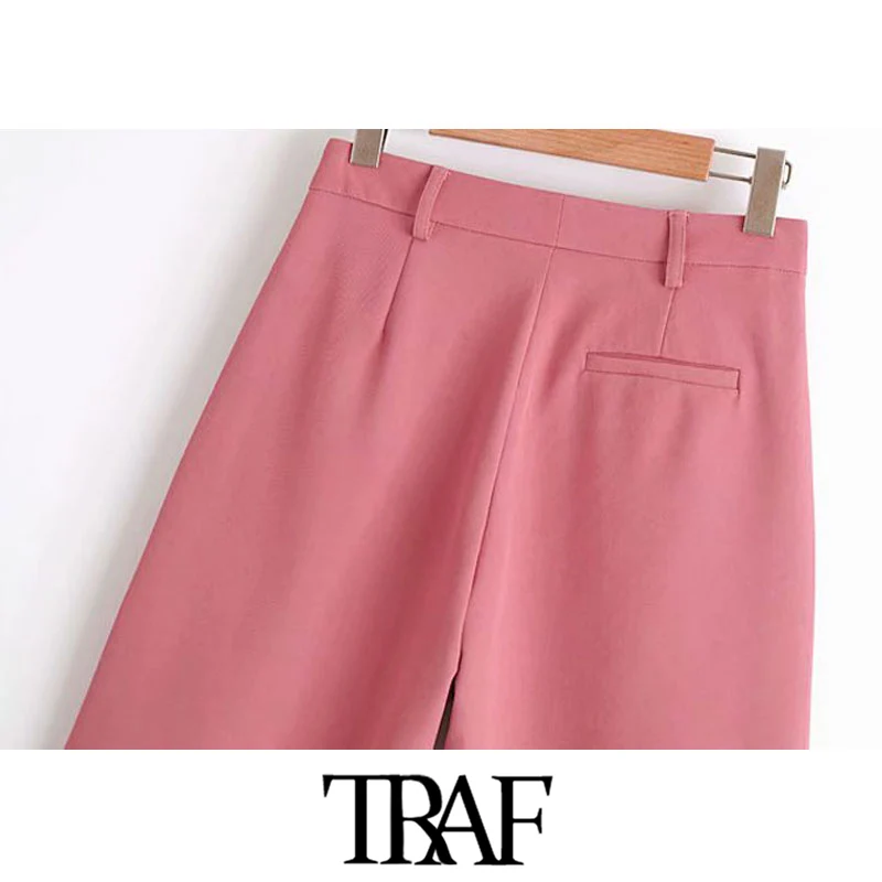 

TRAF Women Chic Fashion Office Wear Side Pockets Straight Shorts Vintage High Waist Zipper Fly Female Short Pants Mujer