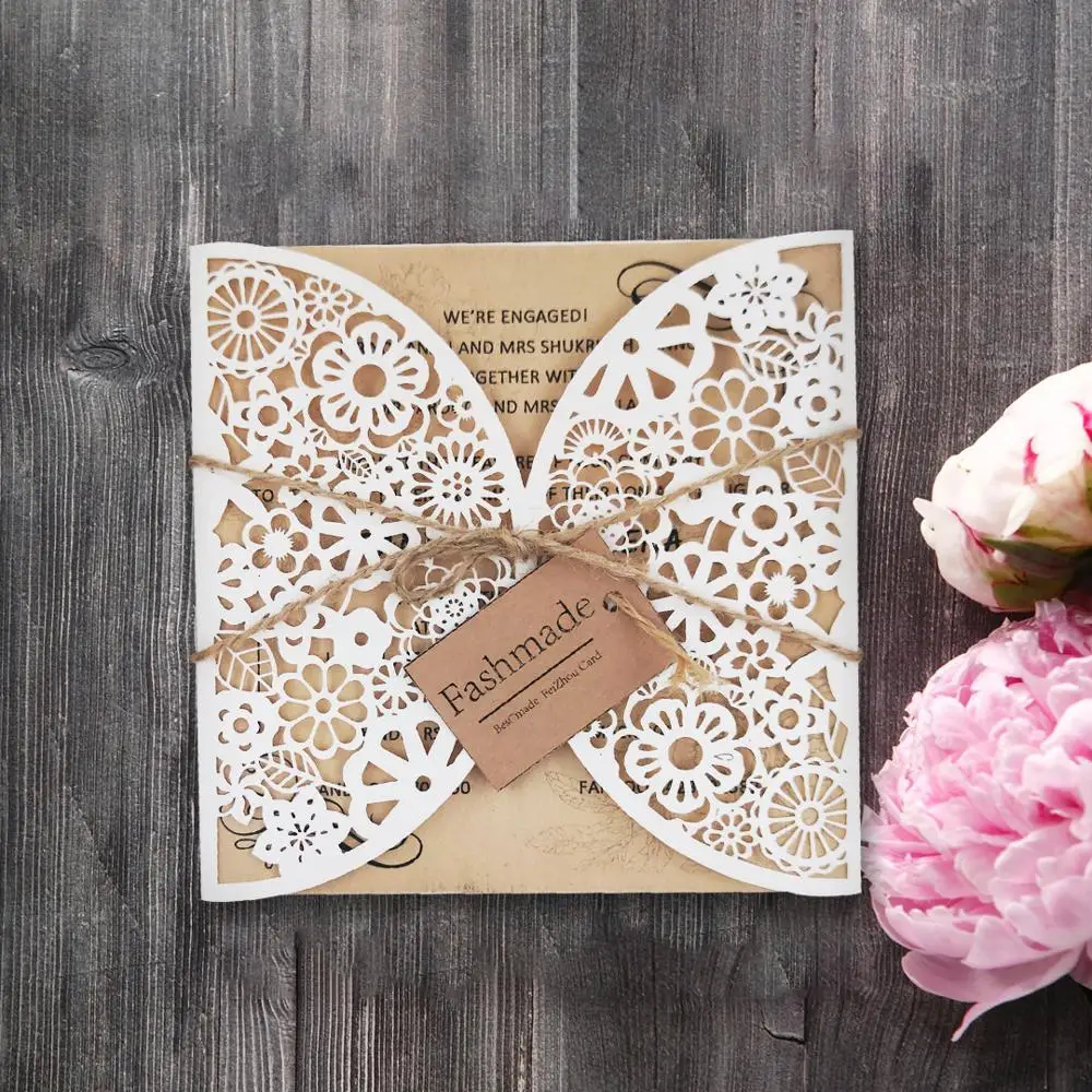 50 наборов деревенский кружевной карман белые свадебные приглашения с лентами