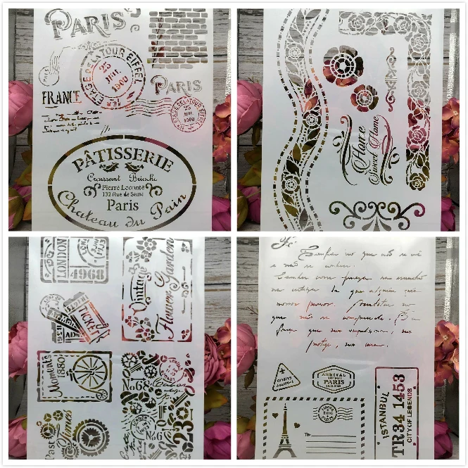 

4Pcs/Lot A4 Paris Stamps DIY Layering Stencils Wall Painting Scrapbook Coloring Embossing Album Decorative Paper Card Template