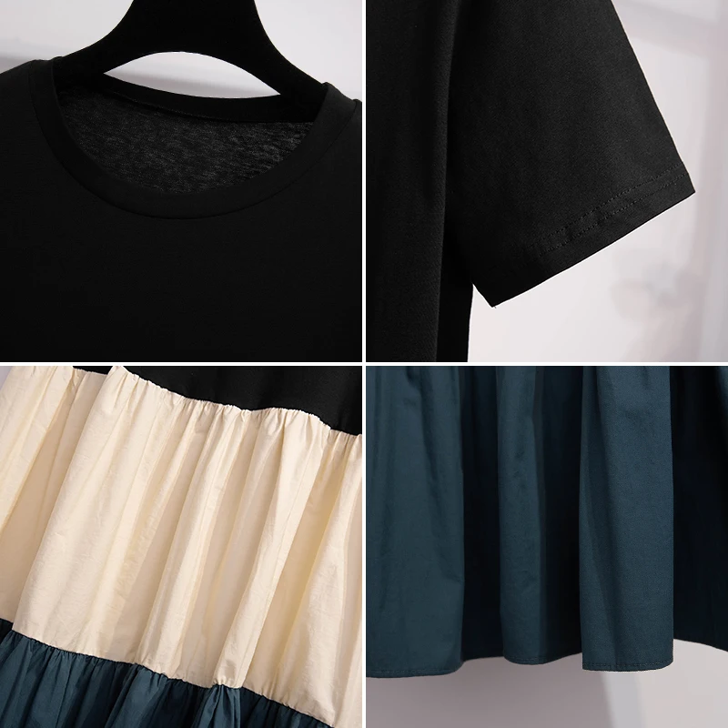 

DIMANAF 2021 Plus Size Summer Dress Women Fashion Patchwork Elegant Show Thin Mixed Colors T-Shirt Lady Sweet Dress Oversize 4XL