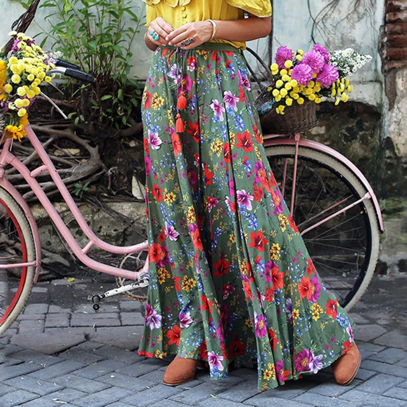 

Female Bohemian Mujer Faldas 2021 Fashion Floral Print Bottoms Casual Elastic Waist Skirts Womens Holiday Beach Long Skirt 5XL
