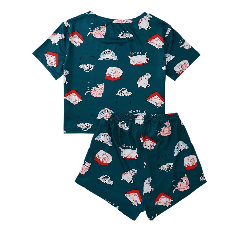 

Blue Cute Animal Print Women Pajama Sets Two Piece O Neck Short Sleeve T-Shirts Shorts Sweet Girl Sleepwear Casual Homewear Set