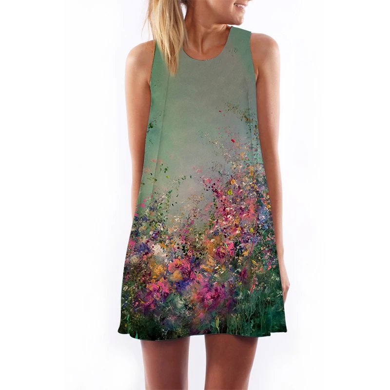 

2021 Summer Lady New Fashion Street Casual Clothes Women Loose Round Neck Solid Color Flower Pattern Printing Elegant Dresses