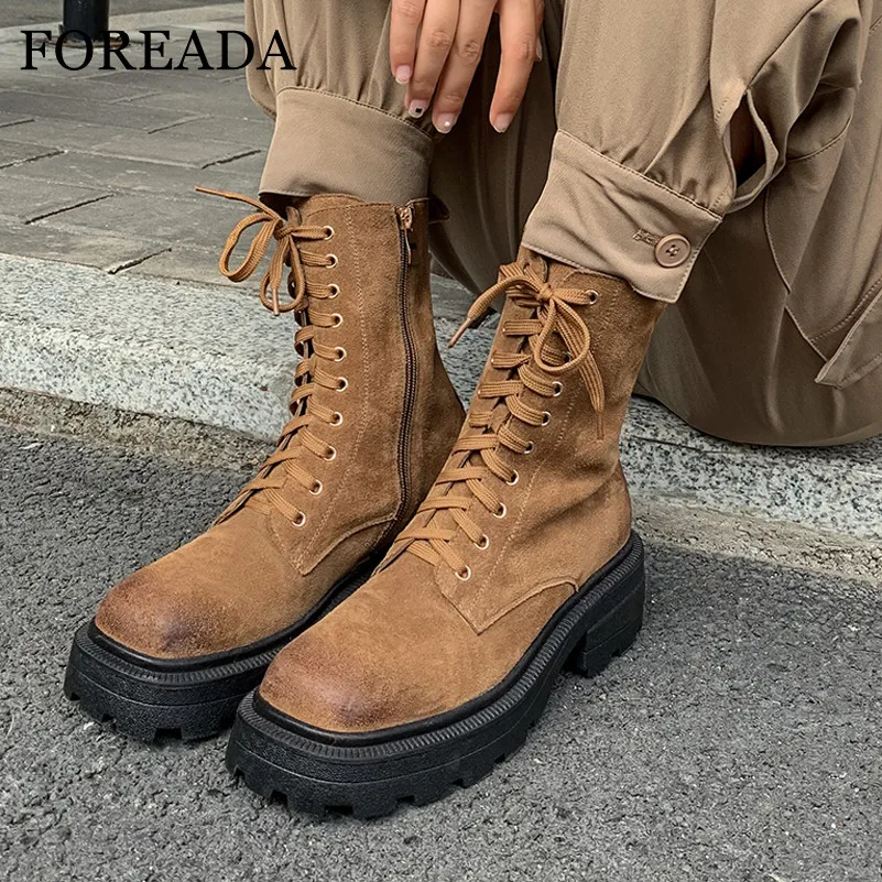 

FOREADA из натуральной кожи ботильоны Платформа, высокий каблук женские сапоги, на шнуровке, квадратный носок полусапожки на молнии, не сужающи...