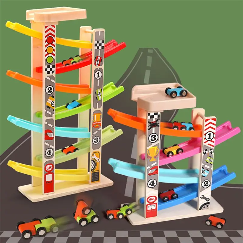 

Wooden Train 7-Layer Race Track & 8 Mini Inertia Race Car Sliding Toy Vehical &Train Baby Toddler Motor for Baby Car