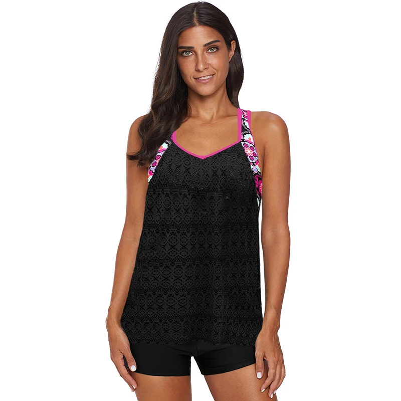 

Mesh Women Swimwear Tankini Set Backless Lady Summer Dress Swimsuit With Shorts Beach Wear Hollow Out Bandage Bathing Suit