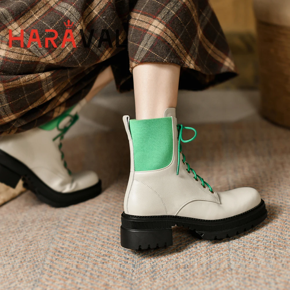 Harga HARAVAL Sepatu Bot Modern Pergelangan Kaki Wanita Musim Semi/Musim Gugur Kulit Asli Eelignt Tebal Bawah Hitam Putih Ikatan Silang Warna Campuran E515L