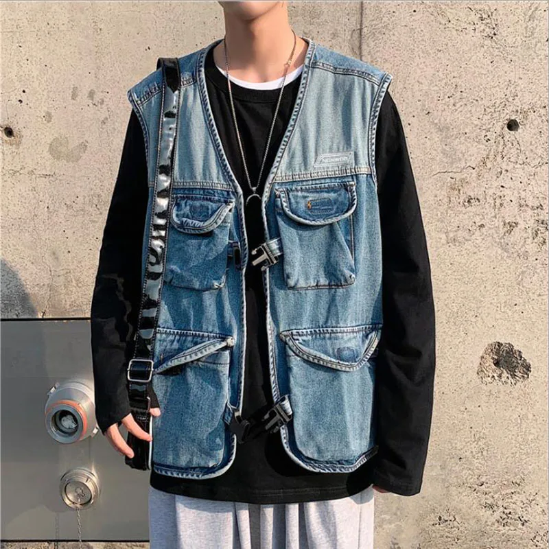 

Denim Vest Men's Sleeveless Jacket Cotton Casual Waistcoat 2021 High Quality Coat Slim Fit Male Baggy Pockets Work Vests Cowboy