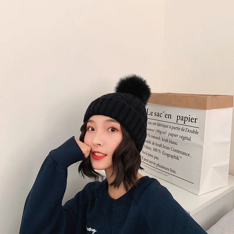 Модная осенняя и зимняя шерстяная шапка с помпонами Женская дикая Милая защита