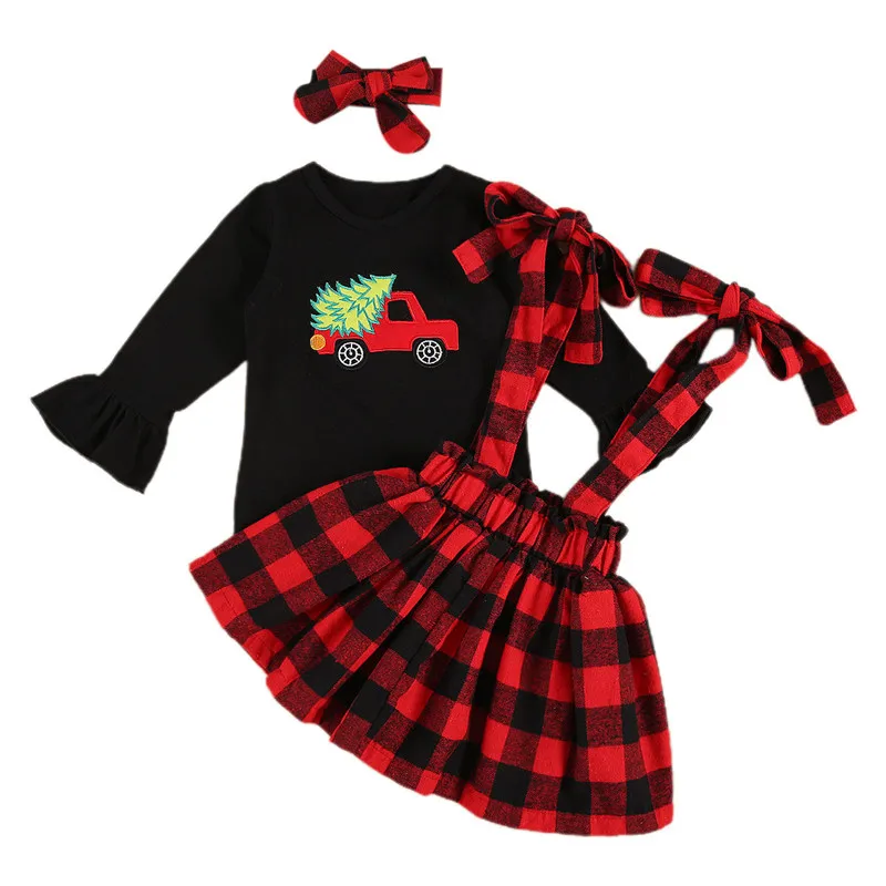 

Baby Girl Christmas Halloween Clothing Set Flare Sleeve Top Plaid Strappy Skirt Headband 1-5Y Kids Children Festival Outfits