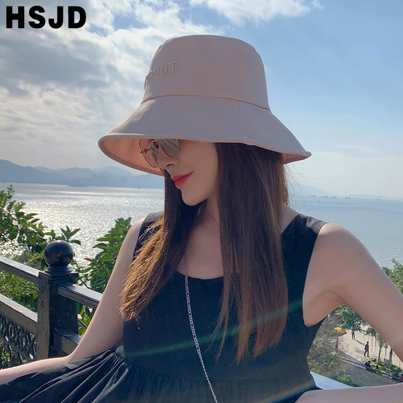Summer Bucket Hat For Women Fashion Letter embroidery Panama Foldable Girls Sun Hat Wide Brim Anti-UV Beach Cap Fisherman Caps