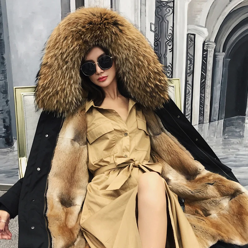 Fashion New Parka Coat Female Fur Lining Coat Raccoon Fur Collar Thick Section Warm Long Section High-end Fur Parka Coat Street