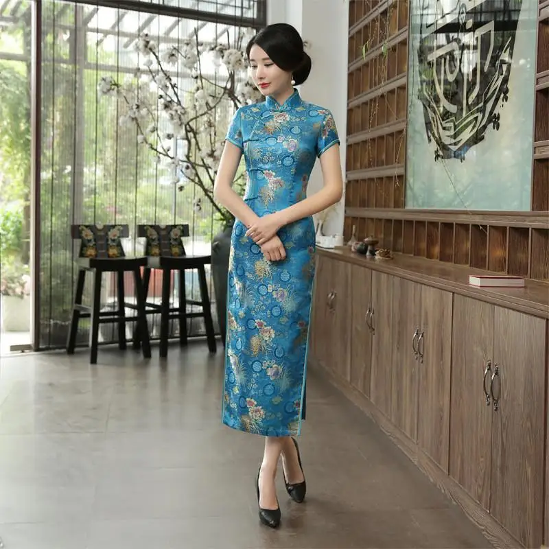 Восточное китайское платье, китайский халат, женское атласное Qipao Vestidos, длинное традиционное платье с цветочным принтом, вечерние платья с воротником-стойкой - Цвет: Light Green