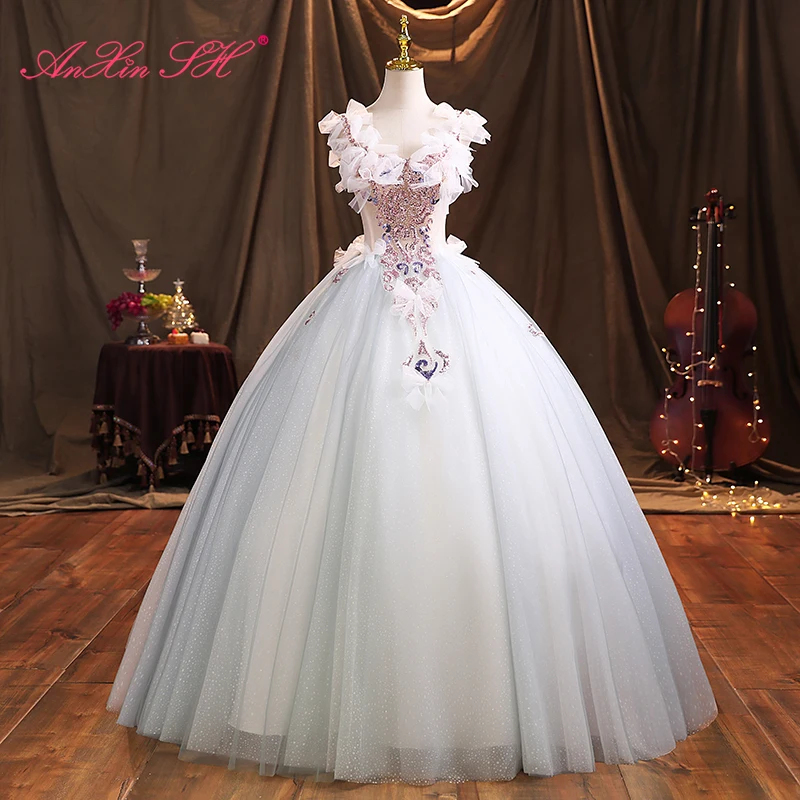 

AnXin SH vintage baby blue lace flower v neck sparkly beading crystal little bow ball gown princess party bride evening dress