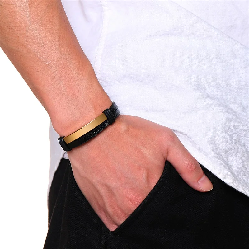 

NHGBFT Black Double Leather Bracelets For Mens Stainless steel accessories ID bracelet bangle Dropshipping