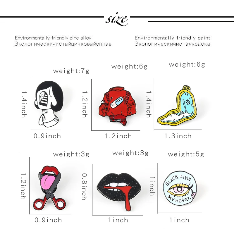 Artist Brooch！ Eyeliner Lips Pill Tongue Enamel Pins Twisted Clock Girl Badge Brooches Denim Jackets Lapel Pin Punk Cool Jewelry