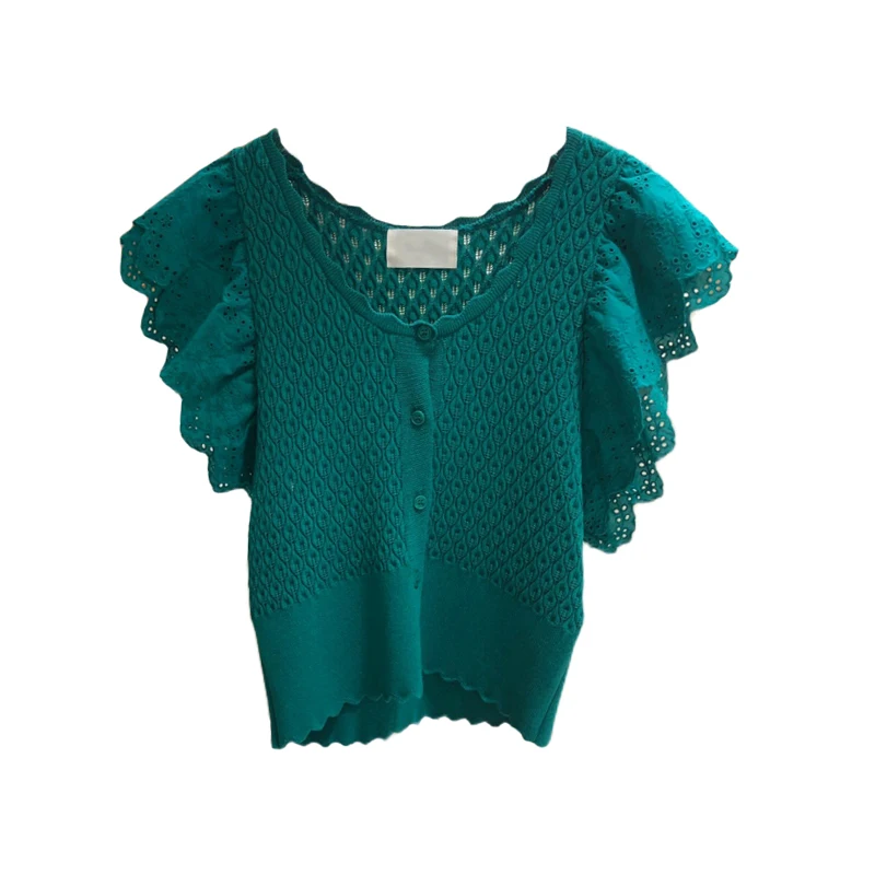 

2021 Spring Summer Knitwear Butterfly Sleeve V-neck Knitted Cardigan New Elegant Korean Women Knitting Tops