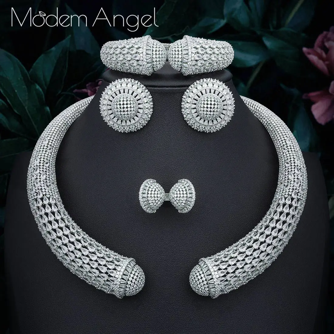ModemAngel известный бренд диск Роскошные нигерийские Свадебные невесты кубического циркония ожерелье Дубай 4 шт. комплект ювелирных изделий