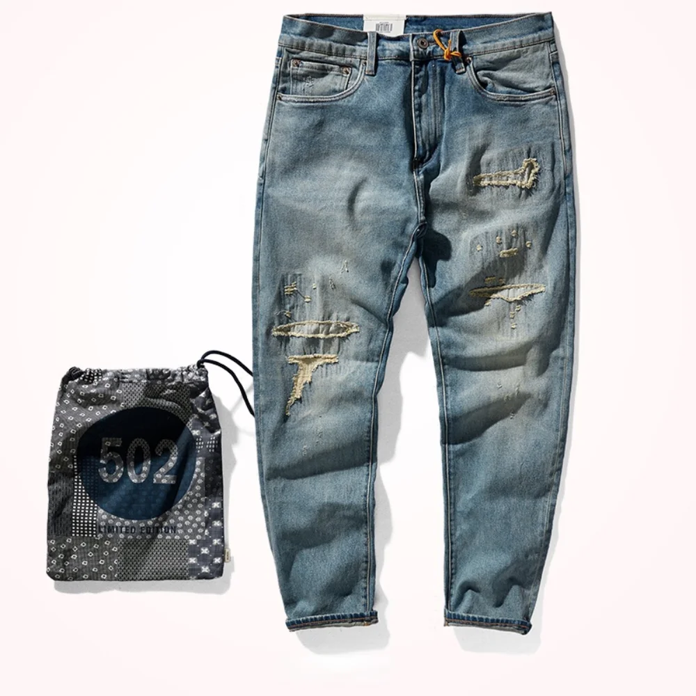 Autumn and Winter Thick Stretch Jeans Men 's Cloth Patch Nostalgic Straight -Leg Denim Trousers