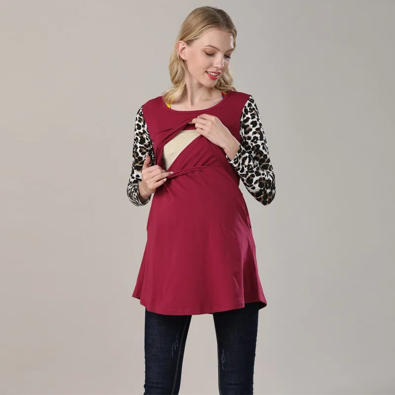 Emotion Moms/Хлопковая весенняя длинная одежда для беременных; топ для кормления грудью; топы для беременных женщин; Футболка для беременных - Цвет: Красный
