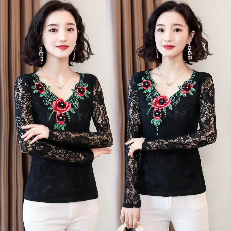 

Women's Slim Hollow Out Embroidery O-neck Printed Long Sleeve Lace Tops DD8491 Women's Spring Autumn Style Blouse Shirt
