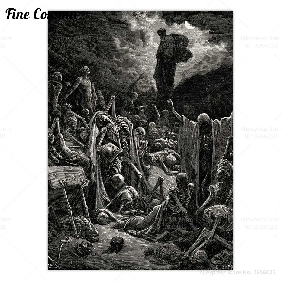 

Винтажный постер «Обзор долины сухих костей» Густава Дора, черное искусство, печать на холсте, Череп, Хелл, настенное искусство, домашний декор, подарок