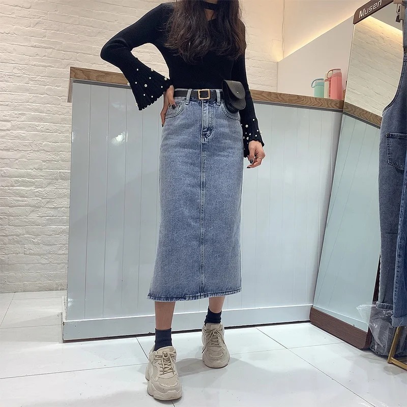 Long Denim Skirt Women Street Wear High Waist Jeans With Belt Straight A-line Pencil Elegant Summer 2020 Hot Sale | Женская одежда