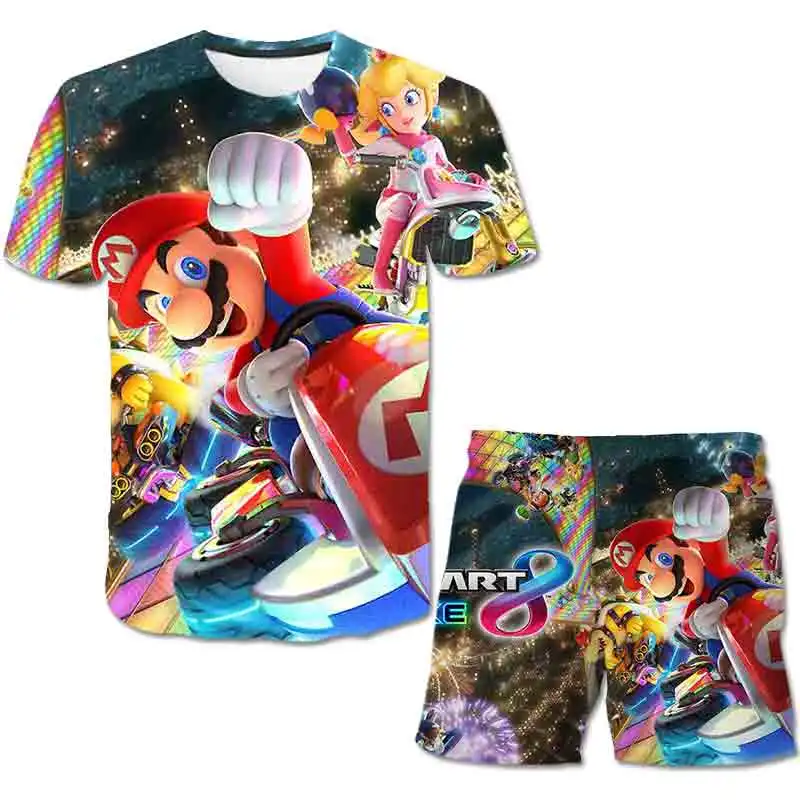 

2021 Kids 3D Clothes Mario Boys Cartoon Outfits Baby Girls Summer Tees Suits 4-14 Years Children Clothing T-shirt + Shorts 4-14T