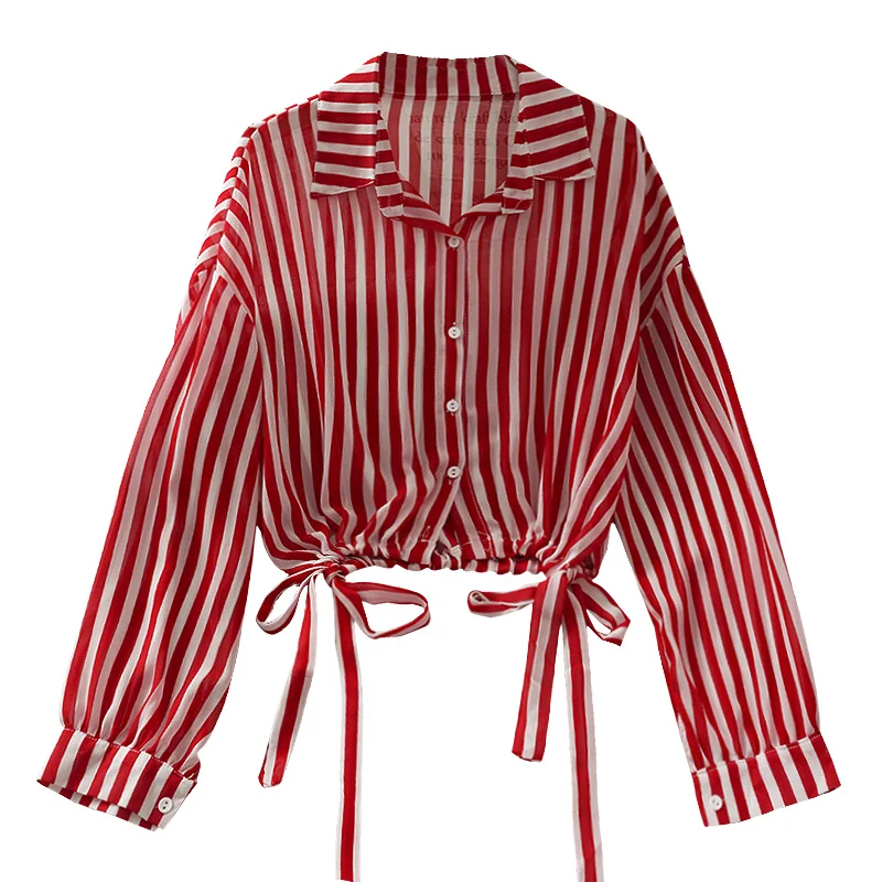 

Kimutomo French Style Stripe Drawstring Blouse Women 2021 Spring Turn-down Collar Long Sleeve New Loose Slim Breasted Shirt