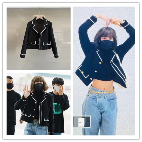 

Kpop Korea Celebrity LISA Vintage Tweed Jackets Coat Women Lapel Long Sleeve Single-Breasted Slim Casual Warm Cardigan Outerwear