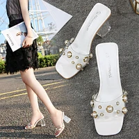 2021 summer new style comfortable white square toe transparent high heeled sandals for ladies outer wear rhinestone slippers