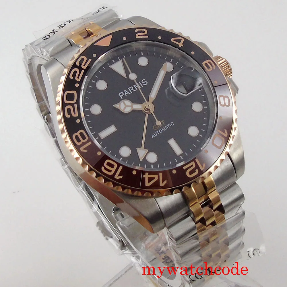 40 мм PARNIS GMT автоматические мужские часы с сапфировым стеклом покрытый розовым