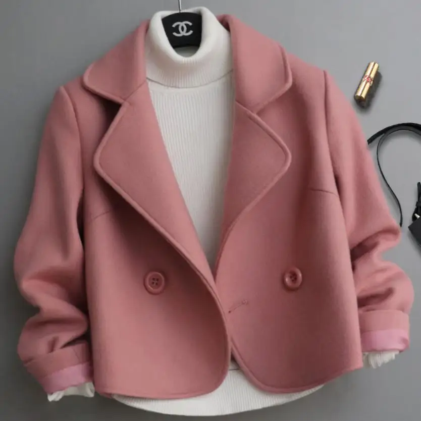 pink Осенне-зимнее Короткое шерстяное пальто женское с отложным воротником розовое шерстяное пальто - Цвет: pink