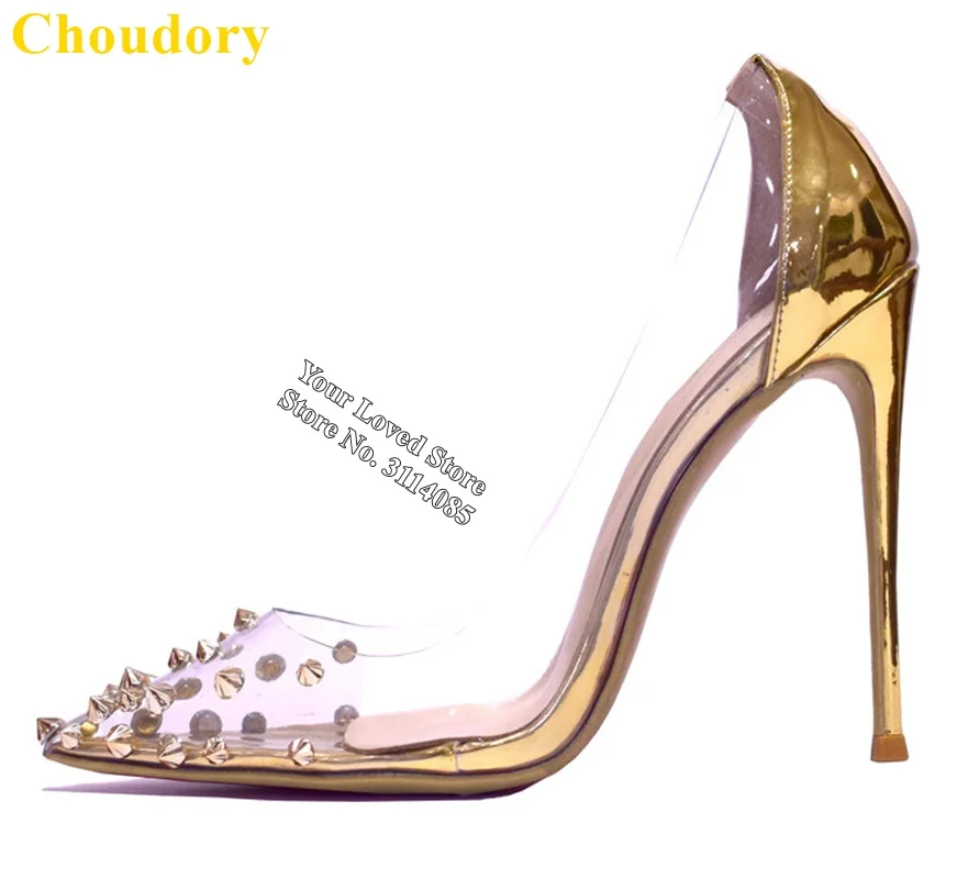 

Choudory Gold Heels Clear PVC Pyramid Rivets Pumps Stiletto Heels Patchwork Studded Wedding Shoes 12cm Gladiator Pumps Size43