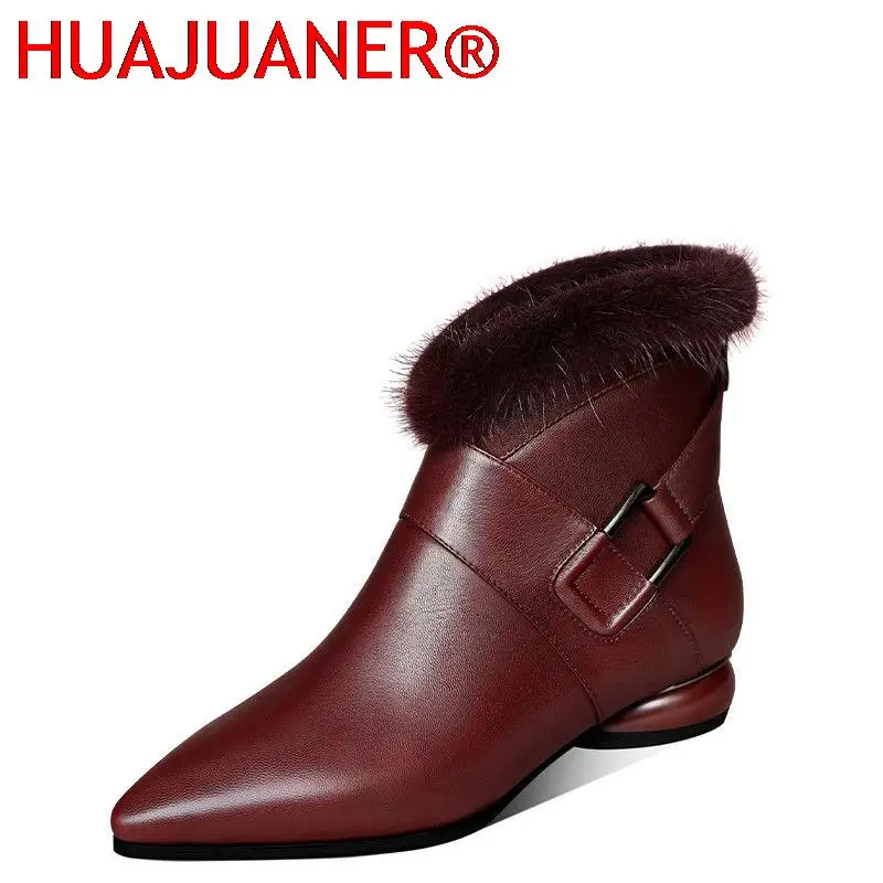 

Mink Fur Ankle Boots Woman,2022 Women's Winter Shoes,Soft Leather,Pointed Toe,Low Heel, Big Size,Female Footware,Black,BROWN