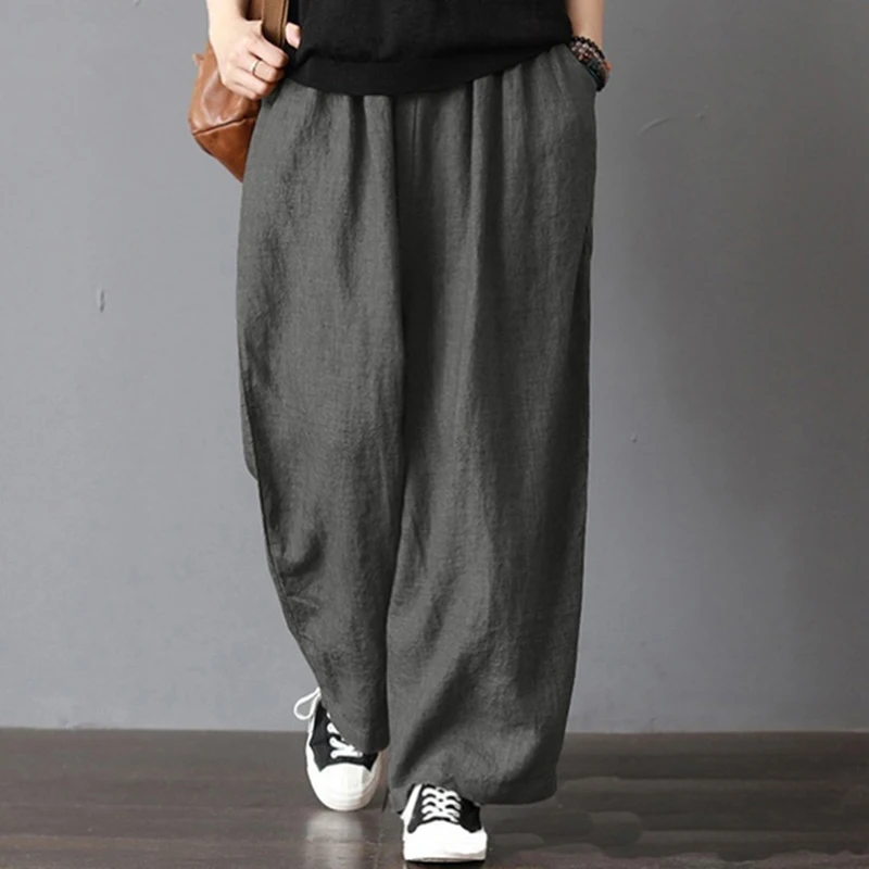 

2XL Fashion Women's Casual Loose Wide Leg Pants Vintage Elastic Waist Trousers Casual Cotton Linen Oversized Long Pants