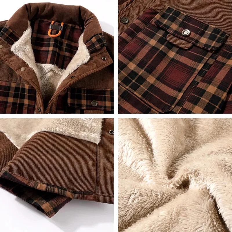 

E-BAIHUI Winter Jacket Men's Thicken Warm Fleece Coat Fashion Cotton Plaid Patchwork Sportswear Casual Vintage Trekking Overcoat