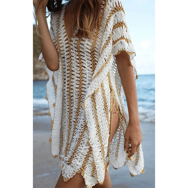 

Rinabe Striped Pareo Knitted Hollow Out Outer Cover 2022 Crochet Vestidos Side Split Smock Women Cover-ups Sexy Beach Dress