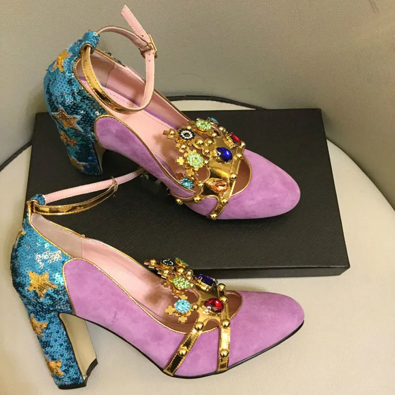 Pink Wine Red Kidsuede Women Pumps Rivets Rhinestone Crown Decor High Heels Mary Janes Flower Crystal Wedding Shoes for Ladies | Обувь