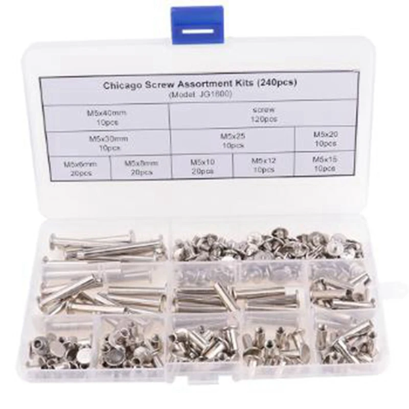 240 шт никелированные Chicago винты Ассортимент комплектов заклепки для книг