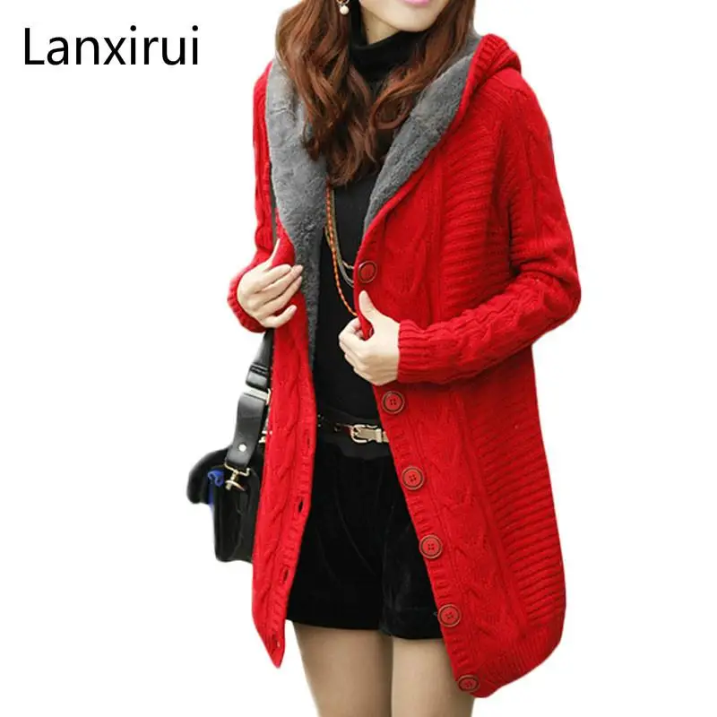 

New Winter Hooded Cardigan Cashmere Sweater Women Coat Thick Warm Sueter Mujer Long Sleeve Knitted Cardigans Female Poncho