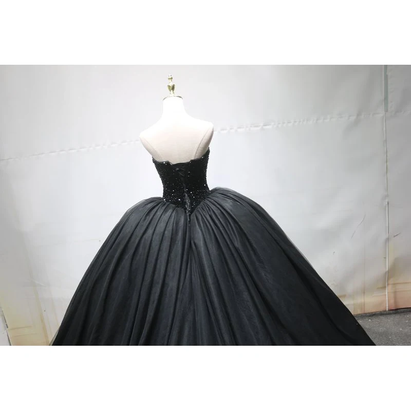 Gorgeous Black Ball Gown Prom Dresses Sparkling Beading Top High Waist Sweep Train Evening Gowns Runway Dresses